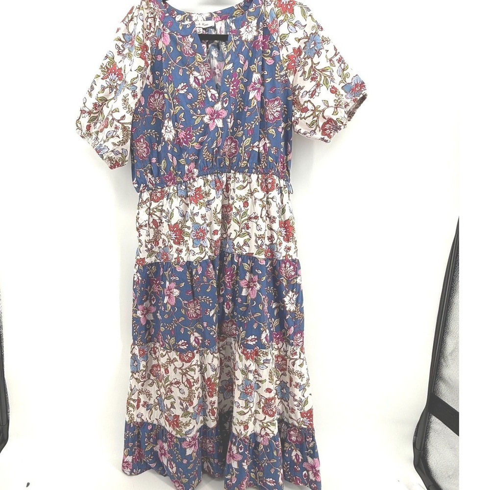 Harlow & Rose Midi Dress Womens Sz‎ Large Coquette Floral Puff Sleeve Whimsy